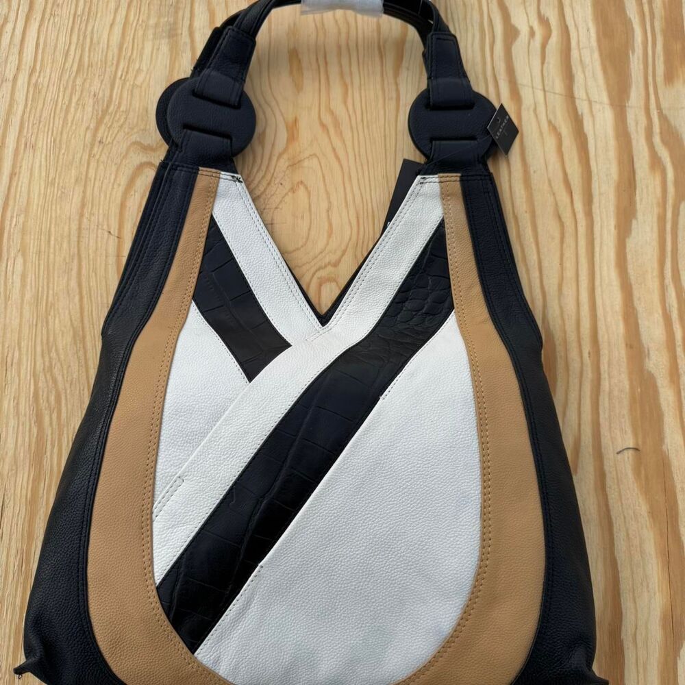 T Tahari Leather Hobo Shoulder Bag Black & Tan Colorblock Large Tote Purse